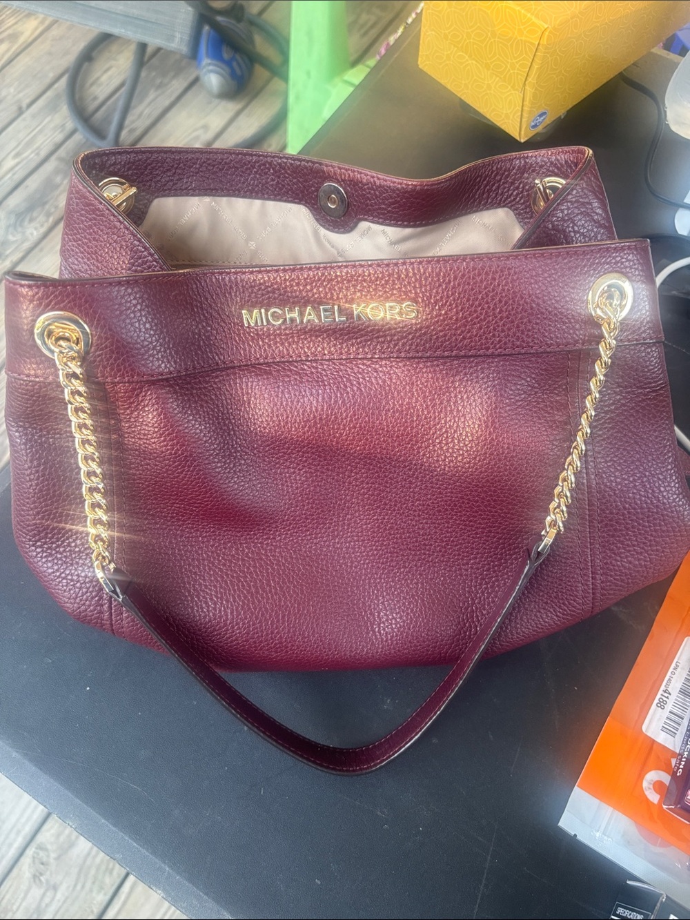 Michael Kors Burgundy Pebbled Leather Shoulder Tote with Gold Chain Straps
